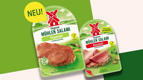 Rügenwalder Mühle vegane Salami Peperoni Headerbild mit vegane Mühlen Salami Klassisch