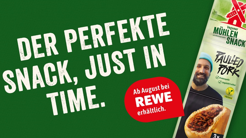 Der perfekte Snack: Paulled Pork, der vegane Pulled Pork Snack von Paul Ripke und der Rügenwalder Mühle ist ab August auch bei REWE erhältlich - Headerbild Pressemitteilung 